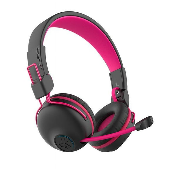 JLab Audio JBuddies Play Gaming Wireless Kids Headset, Pink 22  Hour Bluetooth, 5 Playtime 60ms Super-Low Latency for Mobile Gameplay, Retractable Boom Mic Aux Cord Compatible w/ Gaming Consoles