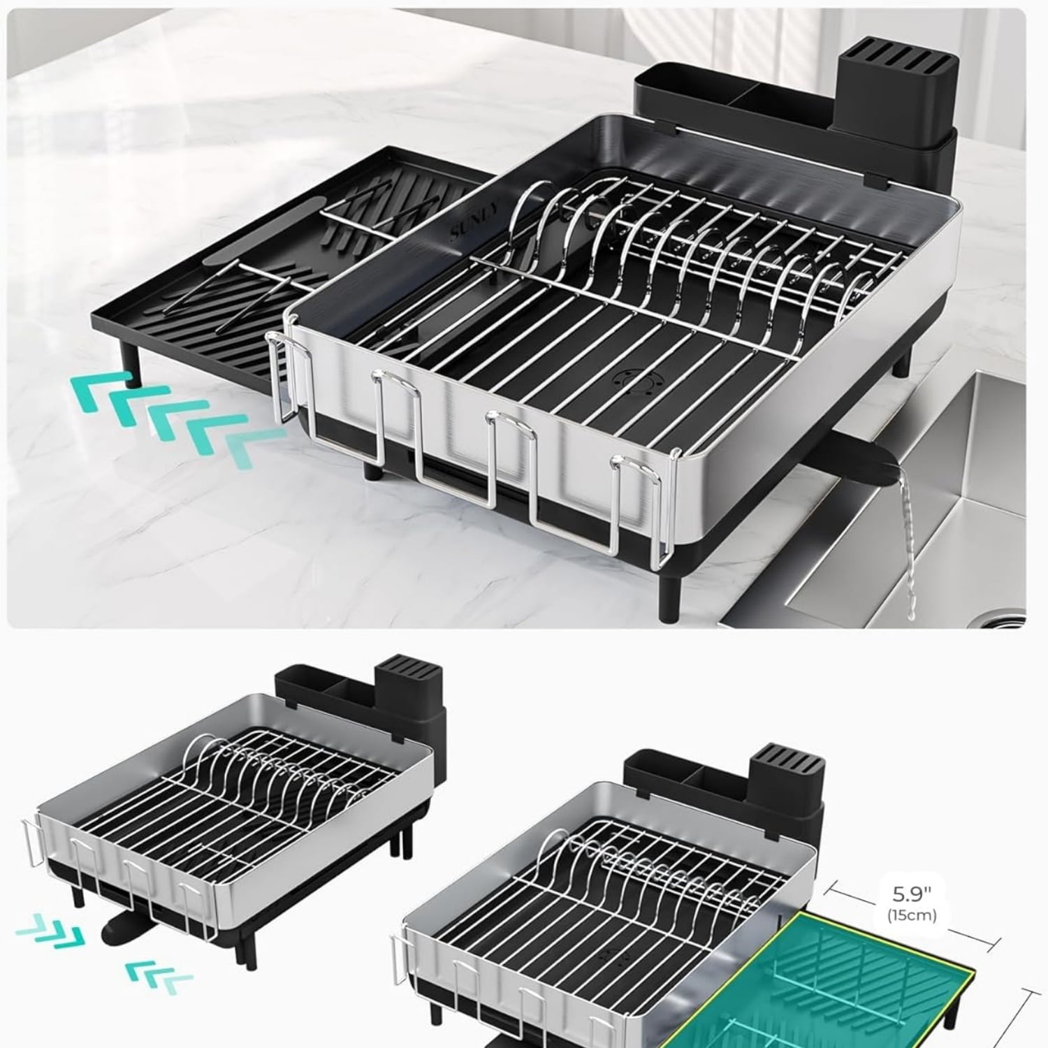 Large Dish Drying Rack, Expandable Dish Racks for Kitchen Counter, Space Saving 304 Stainless Steel Drying Rack Kitchen, Extra Large Drainer with Multifunctional Flip Up Pegs, Black