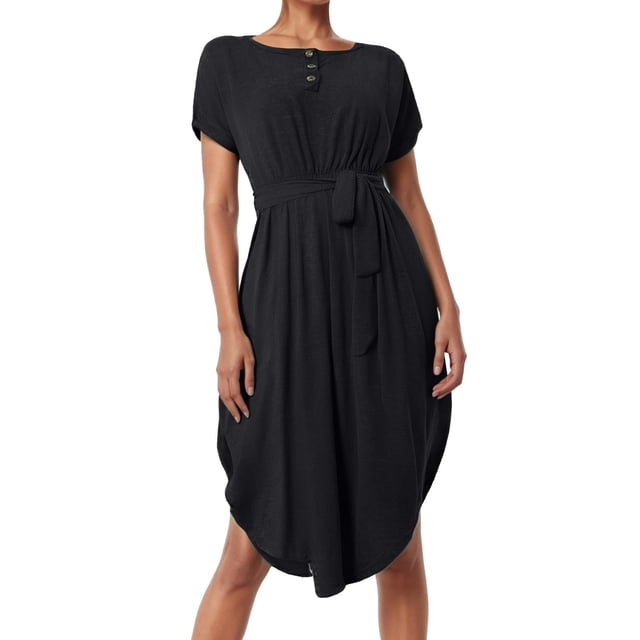 Vestido midi con cinturón y botones para mujer: estilo informal y fluido, tejido ligero, cinturón ajustable, apto para tres estaciones