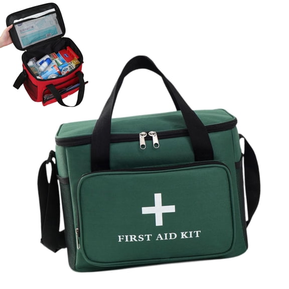 Green First Aid Bag, Empty Medical Bag with Adjustable Shoulder Strap, Multi Pocket Medical Bag for Travel, Portable Emergency Supply Organizer