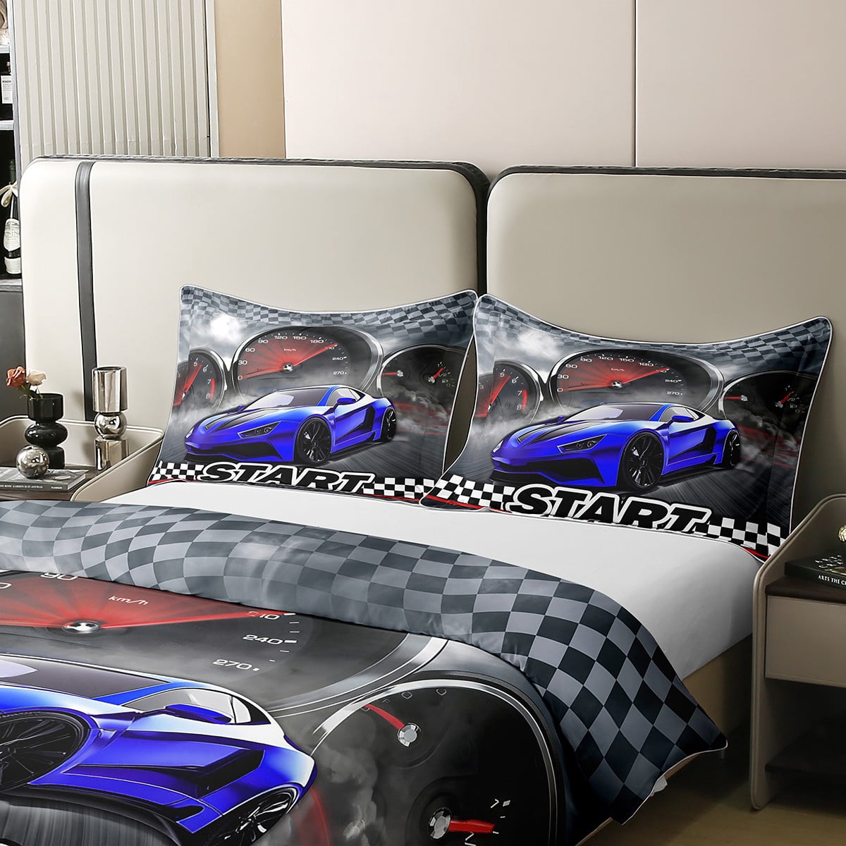 Erosebridal Race Car Bedding Set Cool Sports Car Bedding Queen Size Man Extreme Sports Duvet Cover Blue Racing Car Print Black and White Grids Decor Comforter Cover 3 Pcs