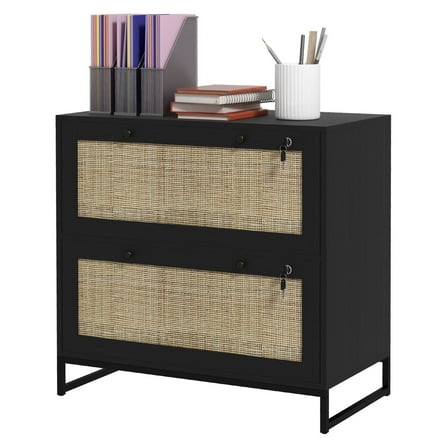 Locking File Cabinet 2 Drawer, Boho Office Cabinet with Adjustable Hanging Bar, Black