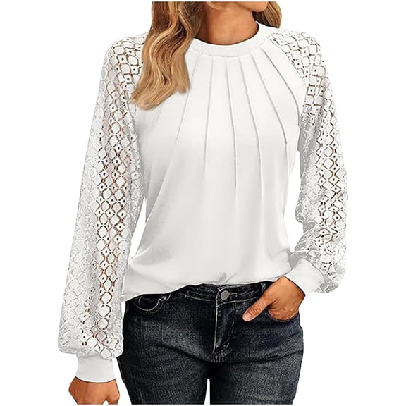 Women's Solid Color Round Neck Long Sleeve Loose Tee with Lace Panel Detail - White - S