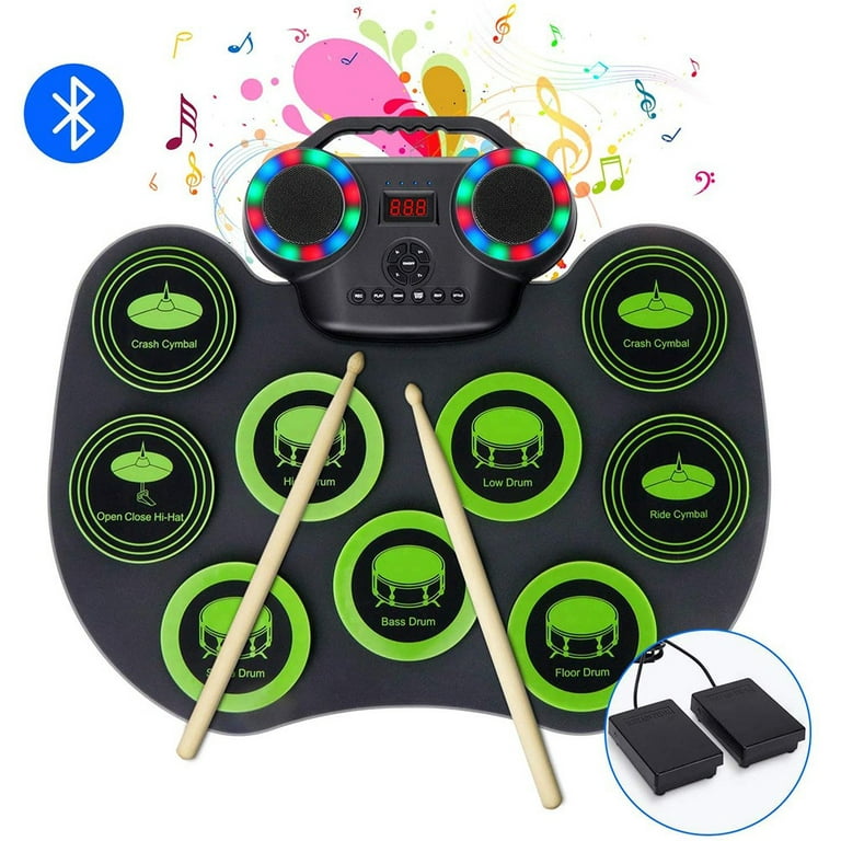 ammoon Portable Electronic Drum Set Digital Roll-Up MIDI Drum Kit 9 Silicon  Durm Pads Built-in Stereo Speakers Rechargeable Lithium Battery with 2 Foot  Pedals for Kids Children Beginners
