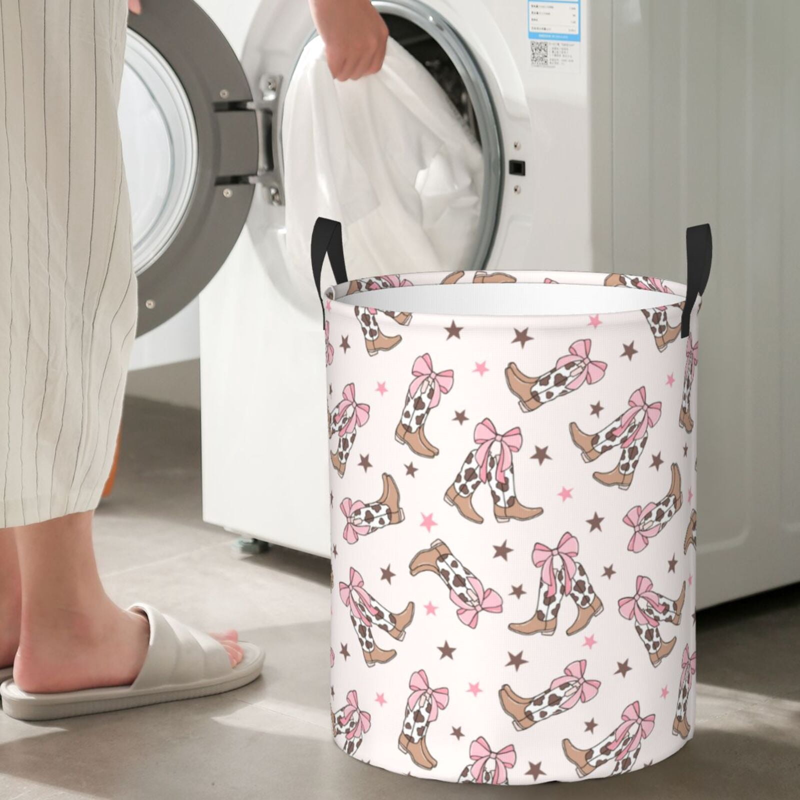 Large Laundry Basket with Handles - cow bows cowgirl boots print Kids Baby Dirty Clothes Laundry Hamper for Bedroom Aesthetic
