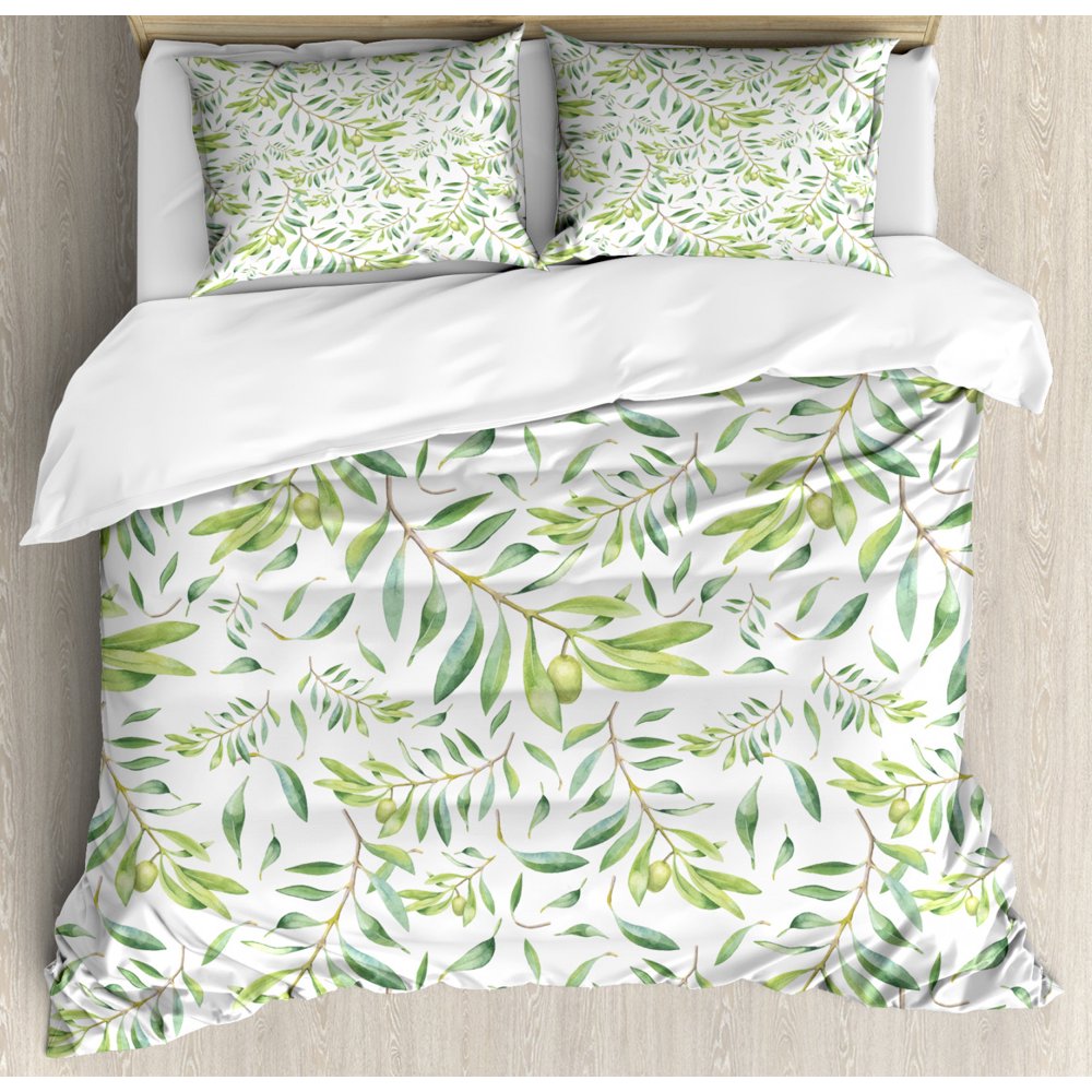 Green Leaf Duvet Cover Set, Watercolor Style Olive Branch Mediterranean