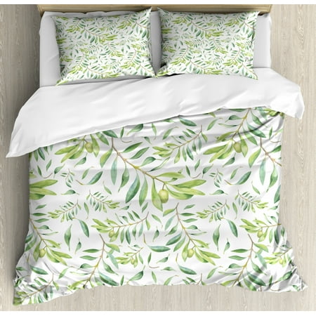 Green Leaf Duvet Cover Set Watercolor Style Olive Branch