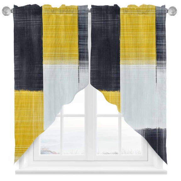 Abstract Art Swag Curtain Valance for Windows, Yellow Black Plaid Mottled Geometric Modern Window Treatments Short Swag Topper for Kitchen Windows Bathroom Bedroom, 36"x36"
