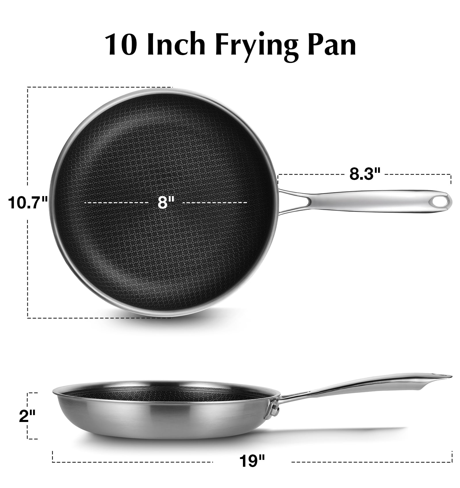 Koch Systeme CS Non Stick Frying Pans, 10 inch Nonstick Hybrid Stainless Steel Skillets, Etched Frying Pan, Dishwasher and Oven Safe