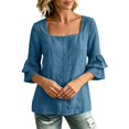 thumbnail image 6 of Tops for Women 3/4 Sleeve Square Neck Solid Color Casual Cotton Linen with Petal Sleeves Top, 6 of 8