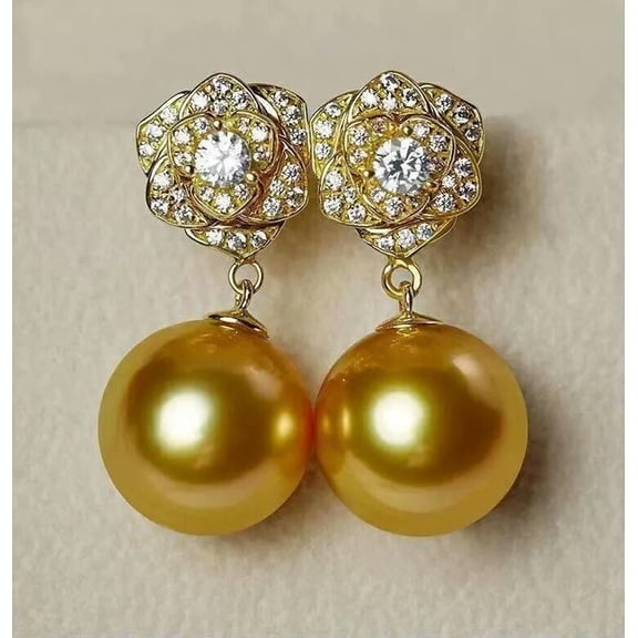 K-KED Stunning Aaa 14mm Natural Gold Round Tahitian shell Pearl Earrings S925