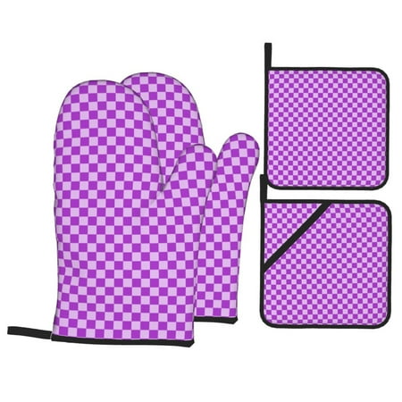 

Oven Mitts and Pot Holders 4 pcs Set purple lilac checkered Heat Resistant Pot Holders Oven Mitts for kitchen Non-Slip Hanging Loop Oven Glove Potholders for Baking Cooking