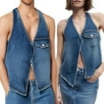 thumbnail image 2 of QHFBli Men's Retro Jean Jacket Men's Denim Vest Top Sleeveless Button Front Cropped Casual Streetwear Jacket Outerwear for Fashion Blue XS, 2 of 9