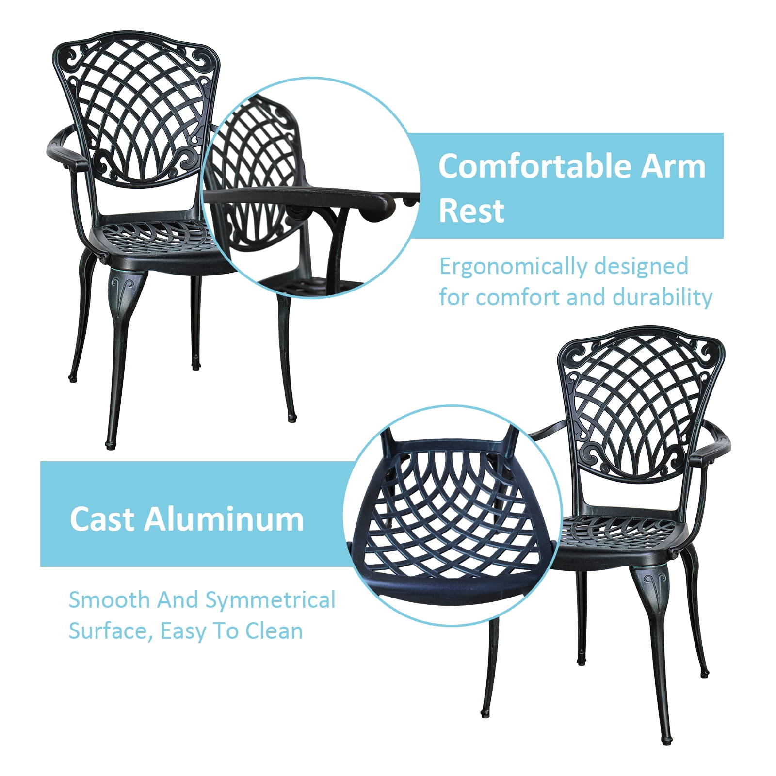 Withniture Cast Aluminum Outdoor Patio Chairs Set of 2, Vintage Green High Back Dining Chairs with Armrests, All-Weather Metal Bistro Chairs for Garden Deck Backyard