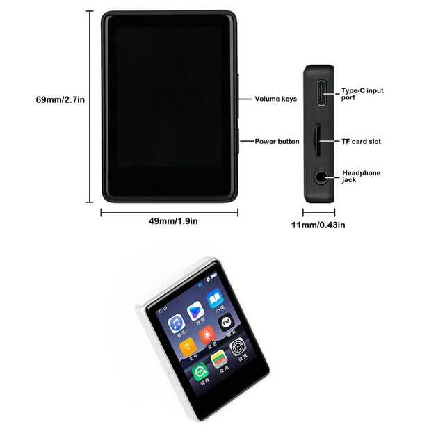 pitrice 2,4 Pouces Écran Tactile Lecteur MP4 Randonnée Voyage Vélo Bluetooth-compatible 5.2 Réglable Lecteurs de Musique MP3 Blanc 32GB