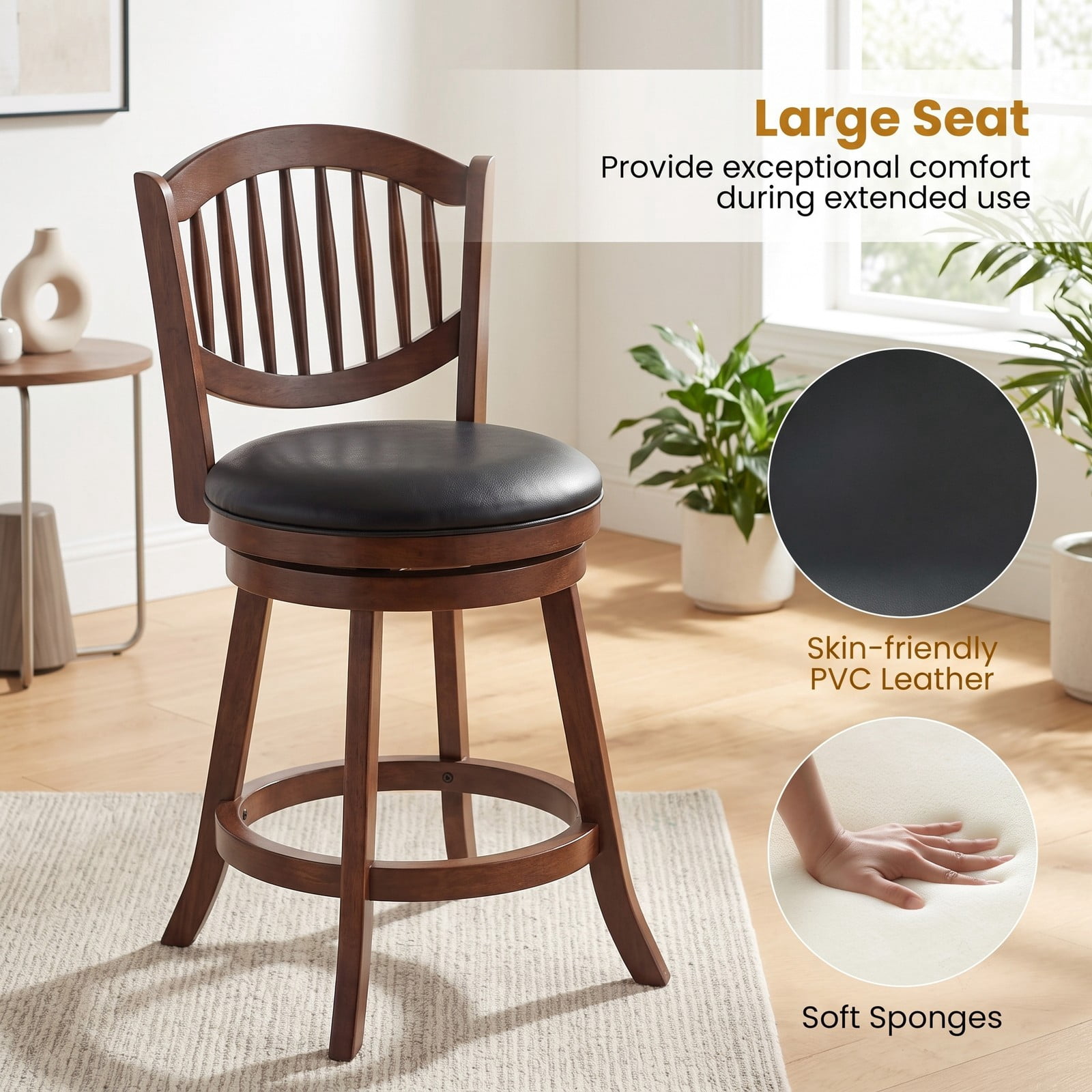 Furnibear Swivel Bar Stools Set of 2, 30 Inch 360 Degree Rotating Barstools with Curved Backrest, Footrest and Solid Rubber Wood Frame, PVC Leather, Espresso and Black