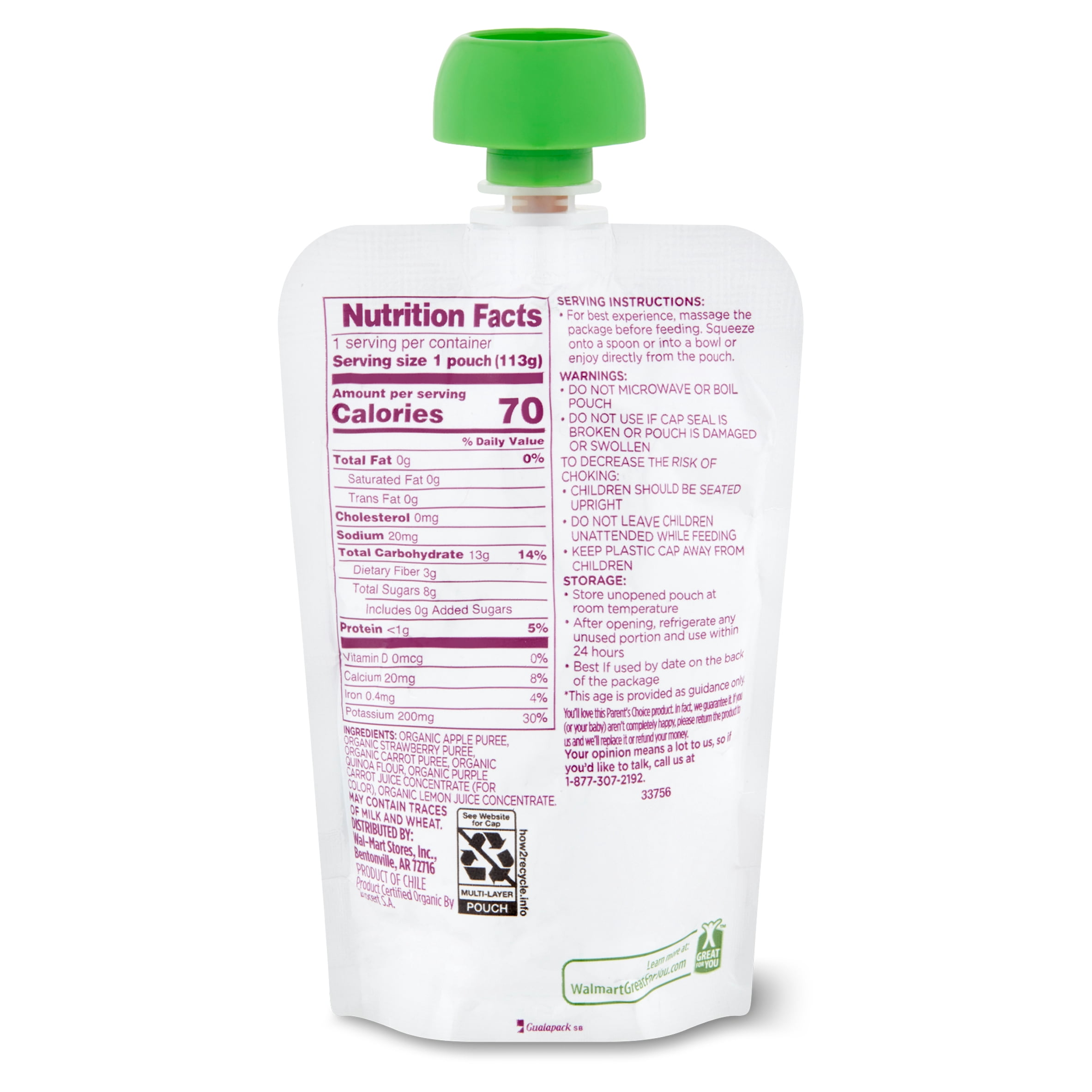 (6 pack) Parent's Choice Organic Strawberry, Carrot & Quinoa Fruit & Veg Puree, Stage 2, 4 oz