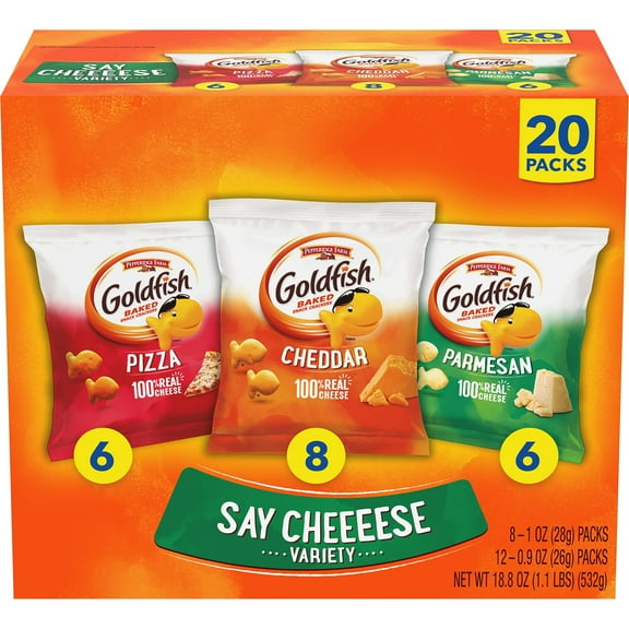 Goldfish Crackers Say Cheeeese ESF27 Variety Pack with Cheddar, Pizza and Parmesan, Snack Packs, 20 Ct