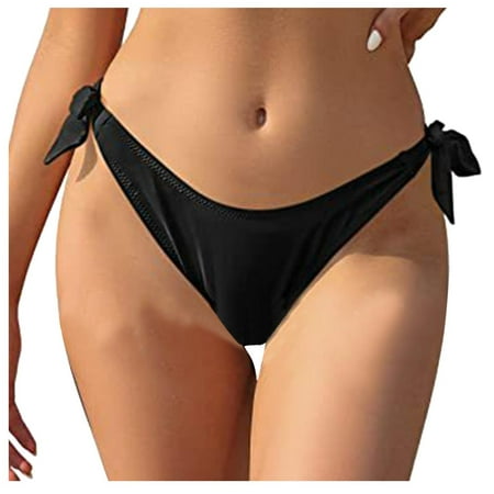 WERYOUNG Women Vintage Print Low Waist Tropical Brazilian Vacation Bikini Bottom Swimwear Briefs Beachwear Bikini Bottom Side Tie Thong Bathing Swimbottom Summer Comfort Black S