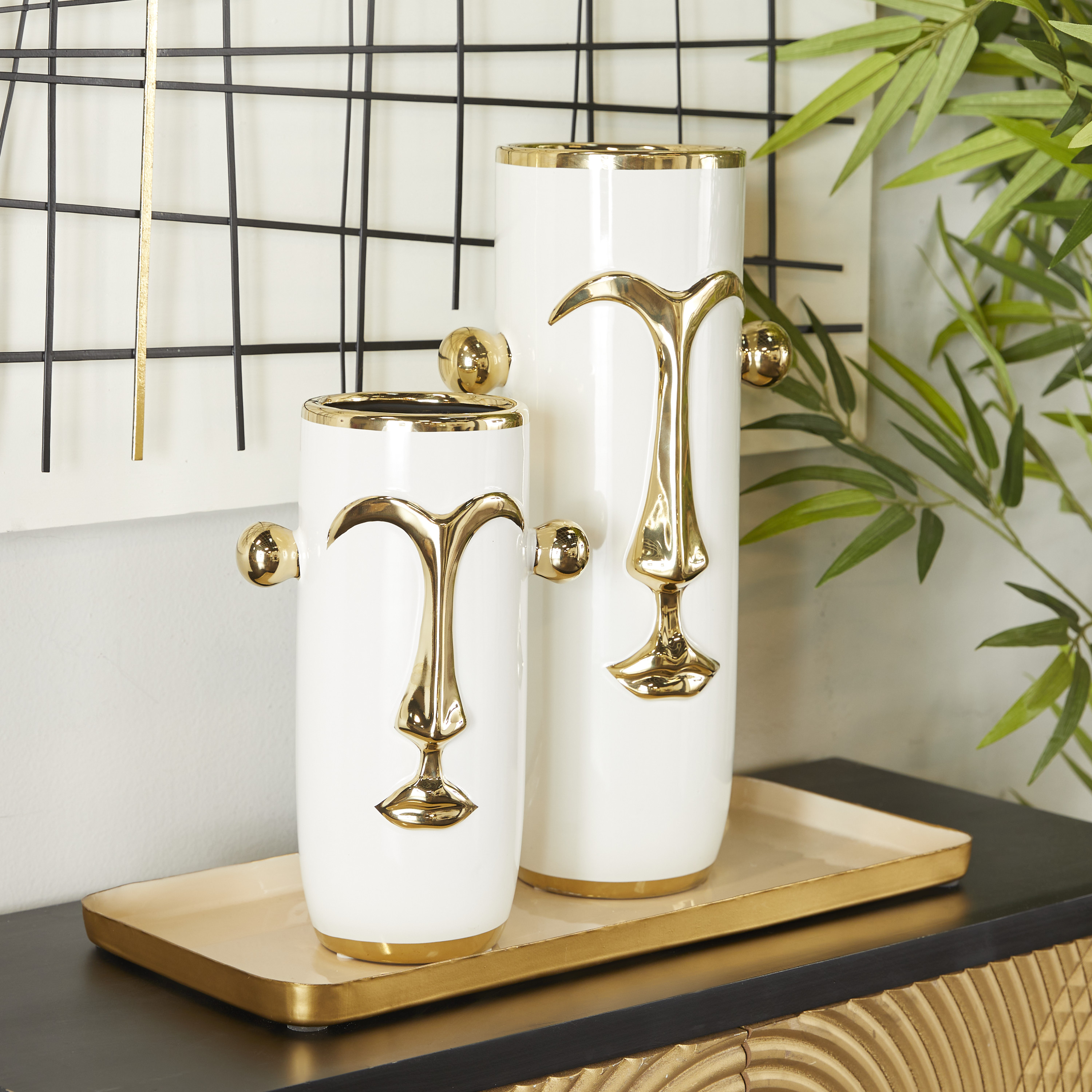DecMode 16", 11"H Face White Ceramic Vase with Gold Details, Set of 2