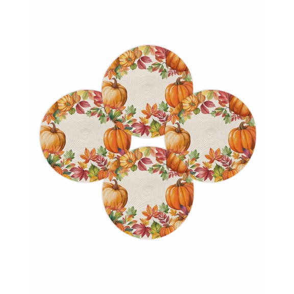 Fall Round Placemats Set of 4 Autumn Pumpkin Place Mats Thanksgiving Woven Placemat Orange Maple Leaf Linen Circle Braided Table Mat for Kitchen Dining Table Autumn Party Home Decor 15 Inch