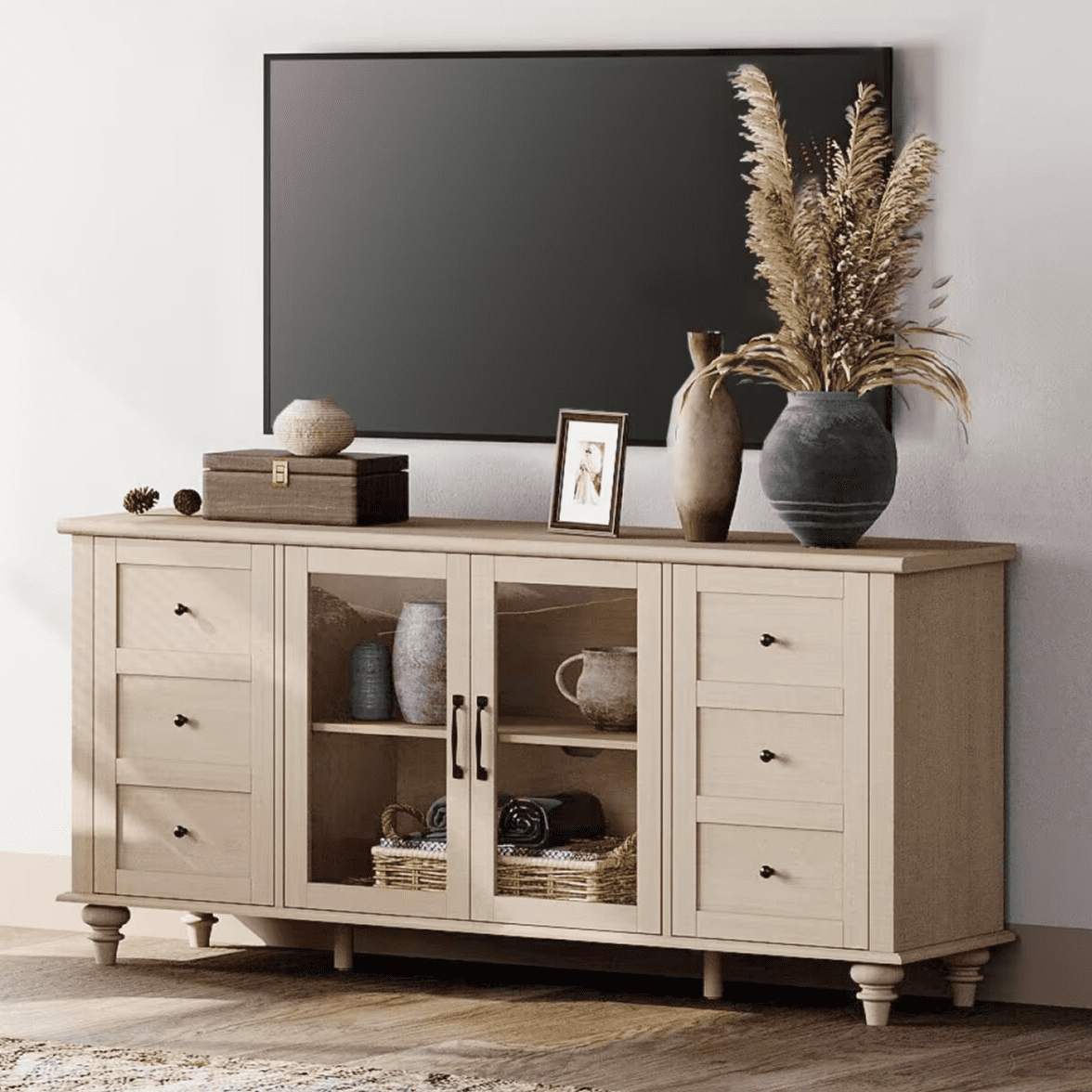 Beige Glass Door TV Stand for TVs up to 65", Farmhouse Television Stands for Living Room