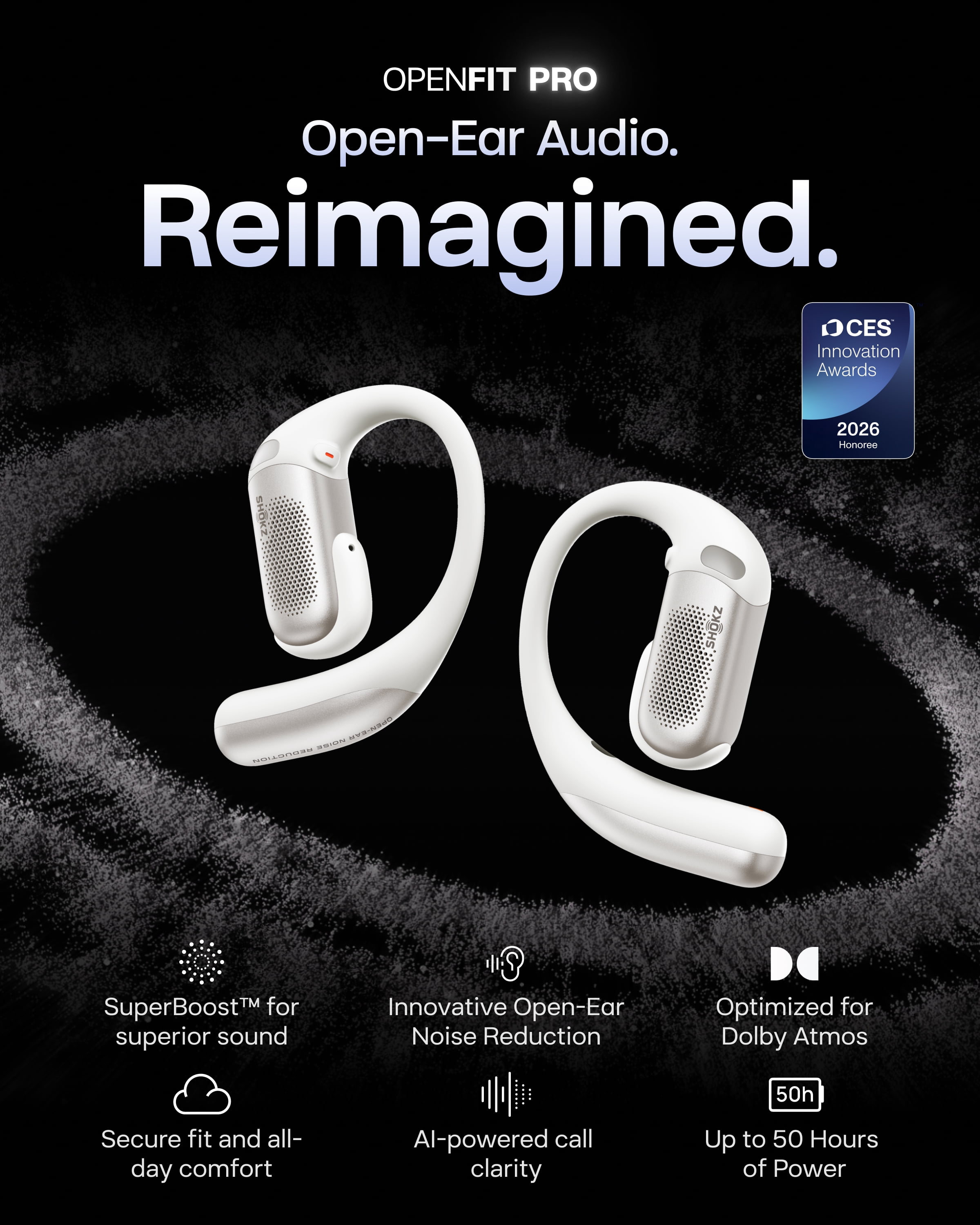 SHOKZ OpenFit Pro Open-Ear True Wireless Earbuds with Open-Ear Noise Reduction, Optimised for Dolby Atmos, Deep Bass, 50H Playtime, AI-Powered Clear Calls for Work, Sport, Bluetooth 6.1, IP55, White