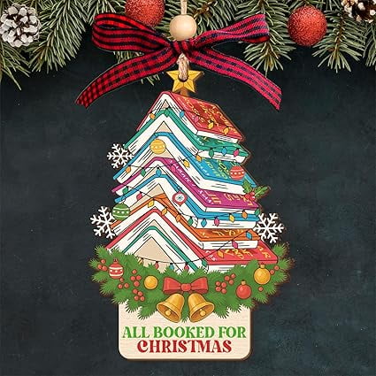 NewEleven Book Ornament All Booked for Christmas 2025, Wooden Holiday Keepsake, Ornament Gift for Book Lover