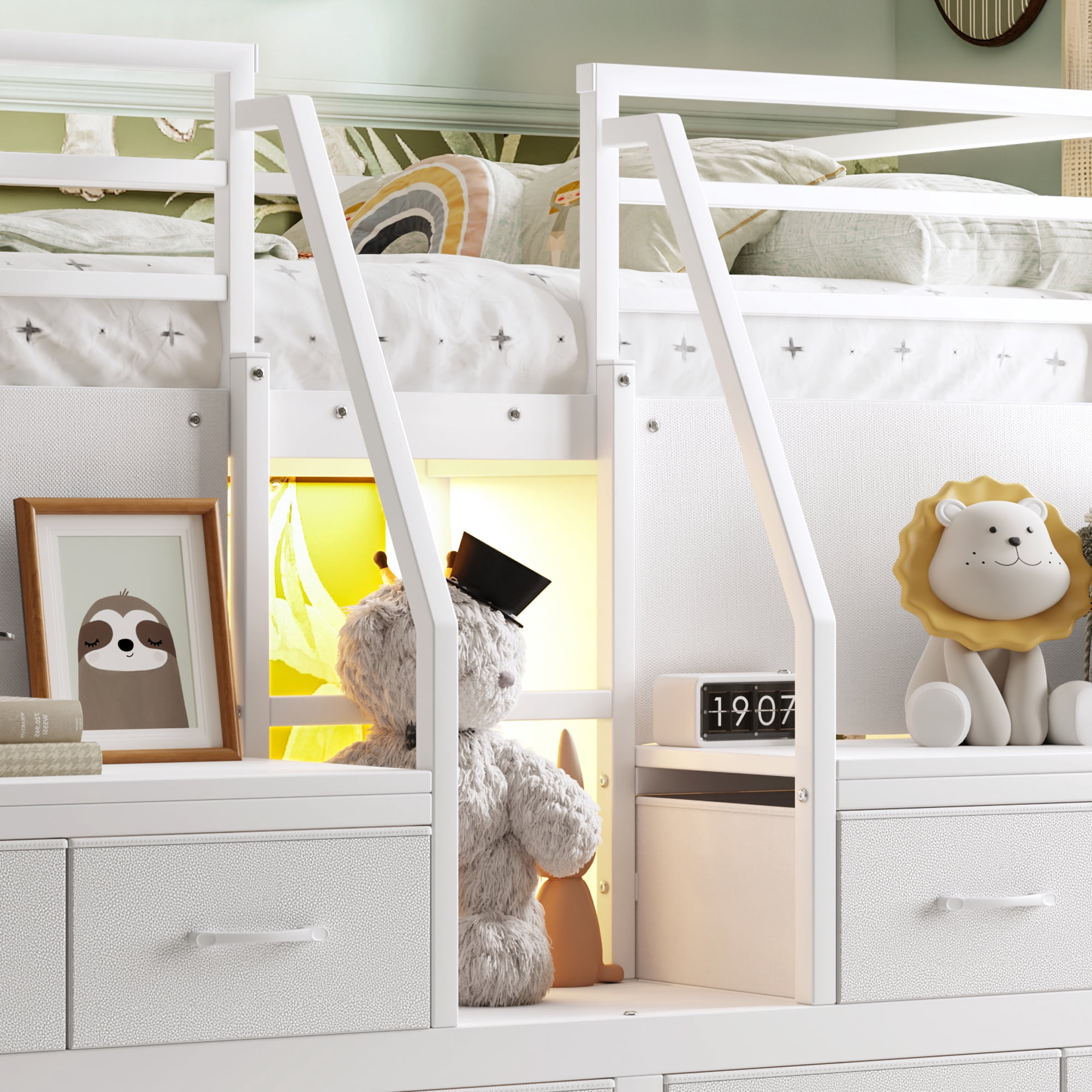 Leumius Full Size Loft Bed with Multi-storage Spaces,Metal Low Loft Bed with Storage Drawers, Shelves,LED Lights and Independent Spaces Under Bed,No Box Spring Needed,Light White