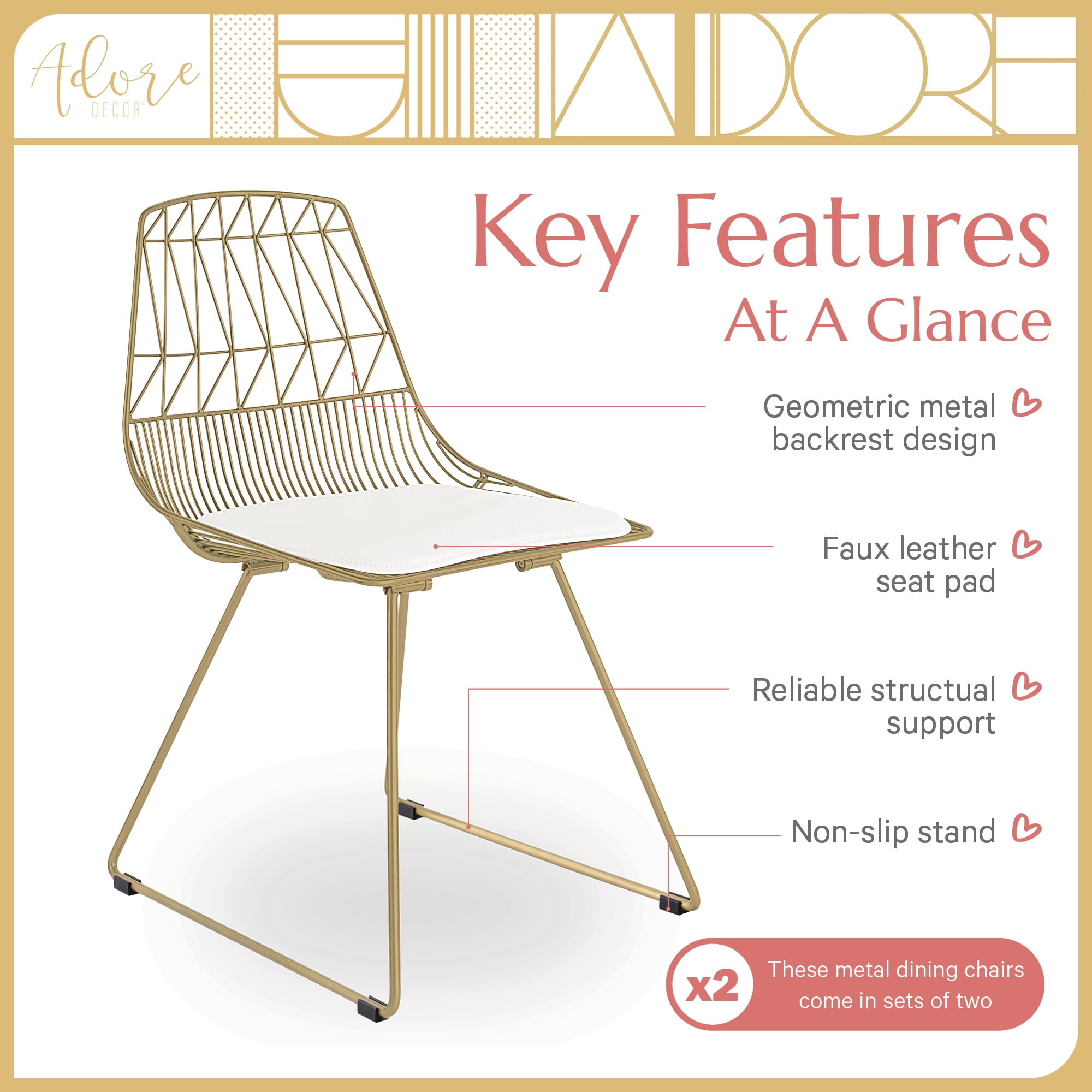 Adore Decor Vivi Set of 2 Gold Wire Dining Chairs