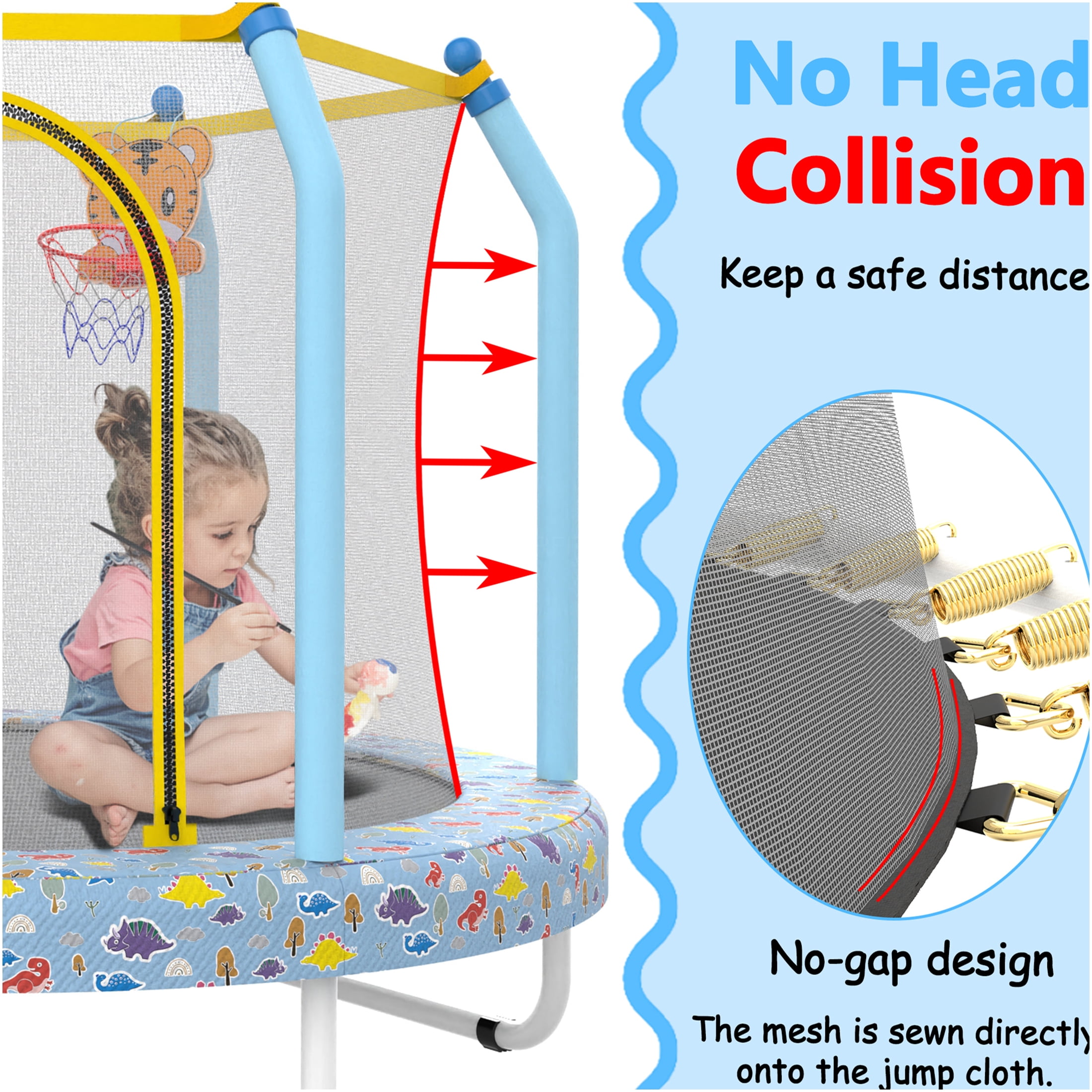 JERFIT 55" Kids Trampoline with Basketball Hoop, ASTM Certified Indoor/Outdoor Jungle Themed Bouncer for Toddlers with Safety Enclosure Net