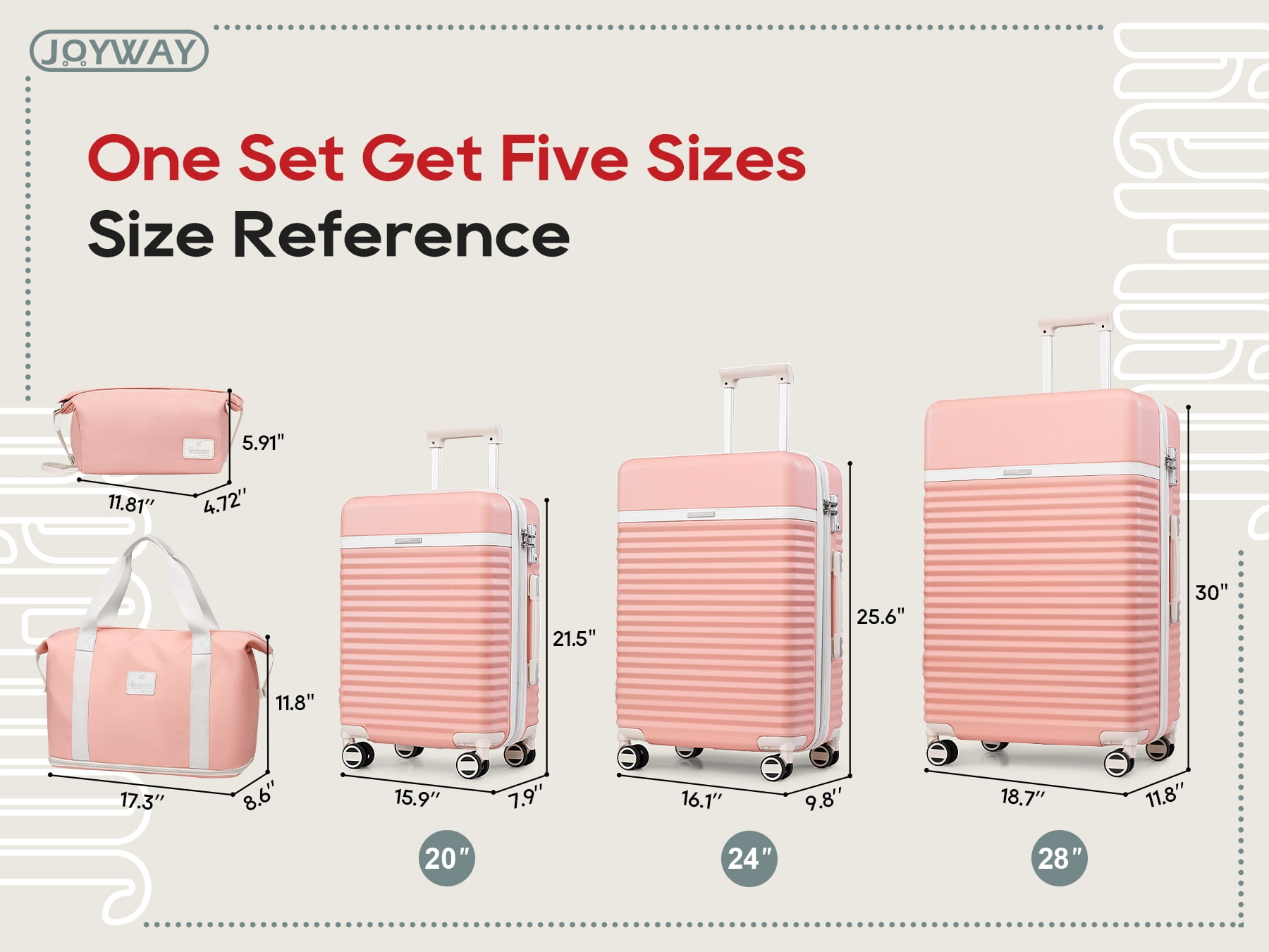 Joyway 5-Piece Luggage Set ABS Hardshell Spinner Suitcase with TSA Lock（Expandable 20"and 24" Carry-On）28"Checked Luggage-Pink
