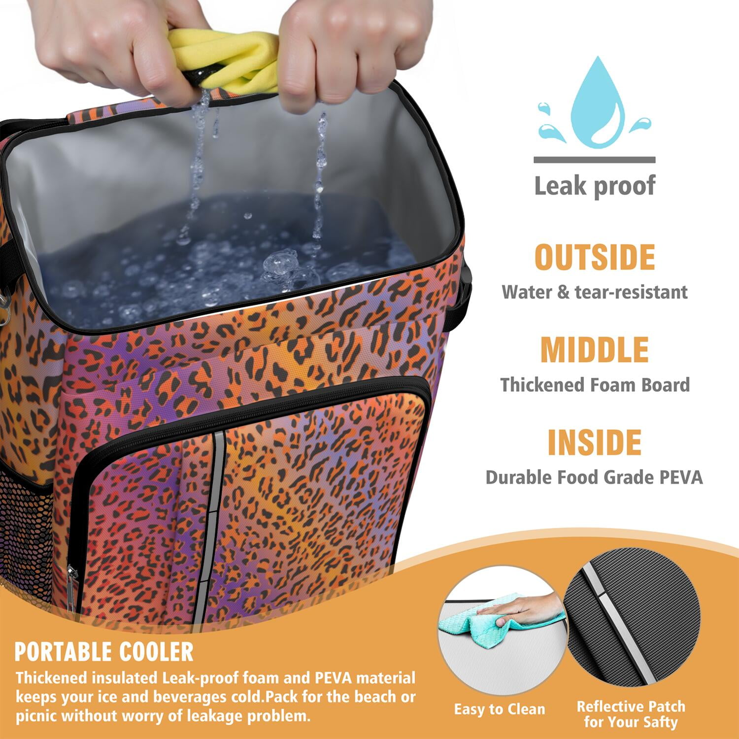 Travel Cooler Bag - Orange and Purple Of Leopard Print Camping Beer Cooler Backpack with Bottle Opener- Waterproof Insulated Picnic Backpacks - Cooler Bag for Beach