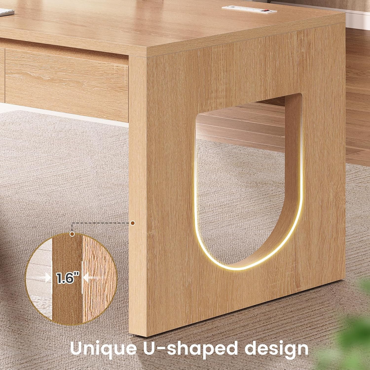 SEDETA Modern Office Desk with 3 Drawers, 55" Executive Desk with U-Shaped Legs, Wood Computer Desk with Power Outlet, Home Office Desks with Relief Texture, Natrual