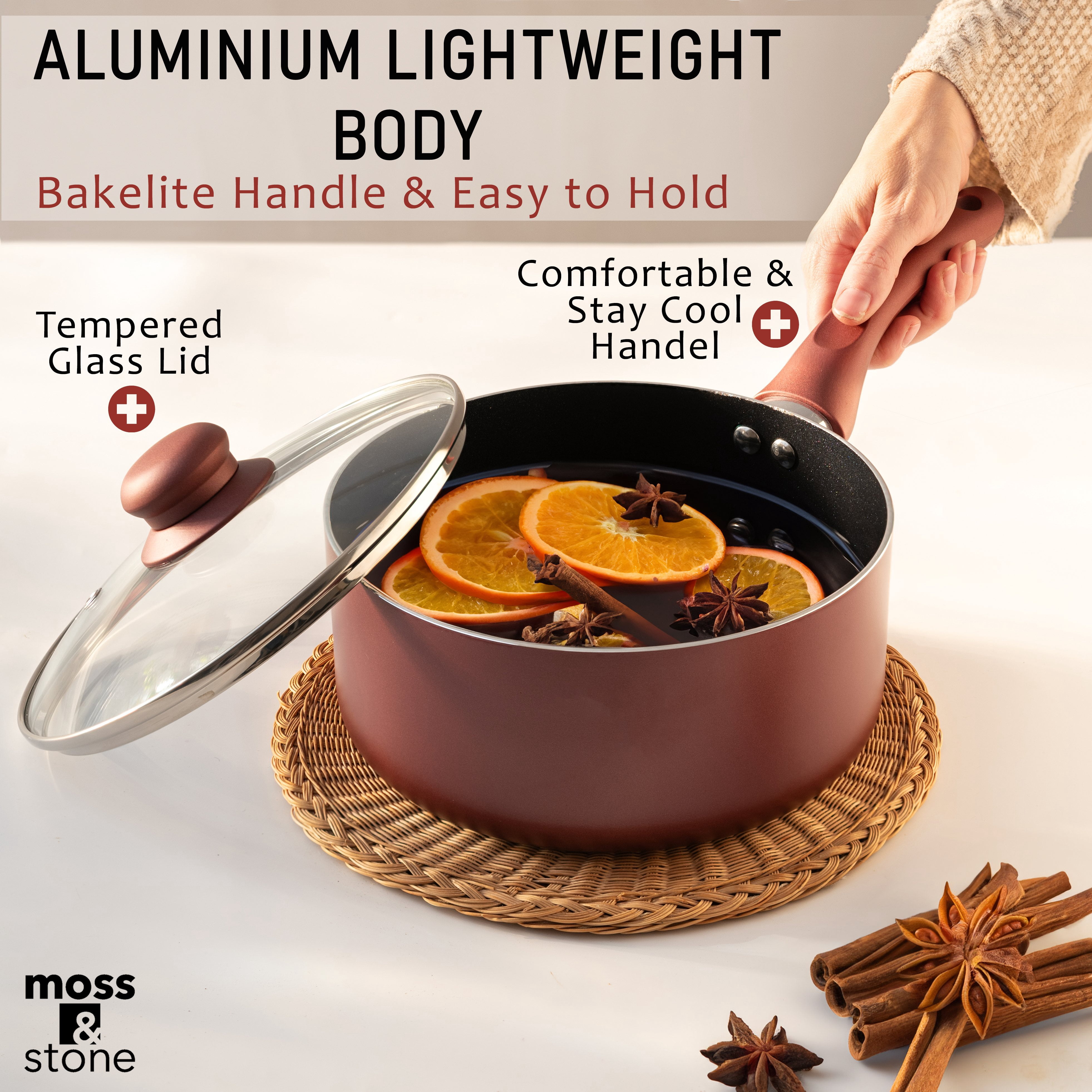 Moss & Stone 6 Piece Nonstick Cookware Set, Pots And Pans Set Non stick With Glass Lid, Induction Cookware, Stay-Cool Handles, PTFE/PFOA (6 Pcs Burgundy)