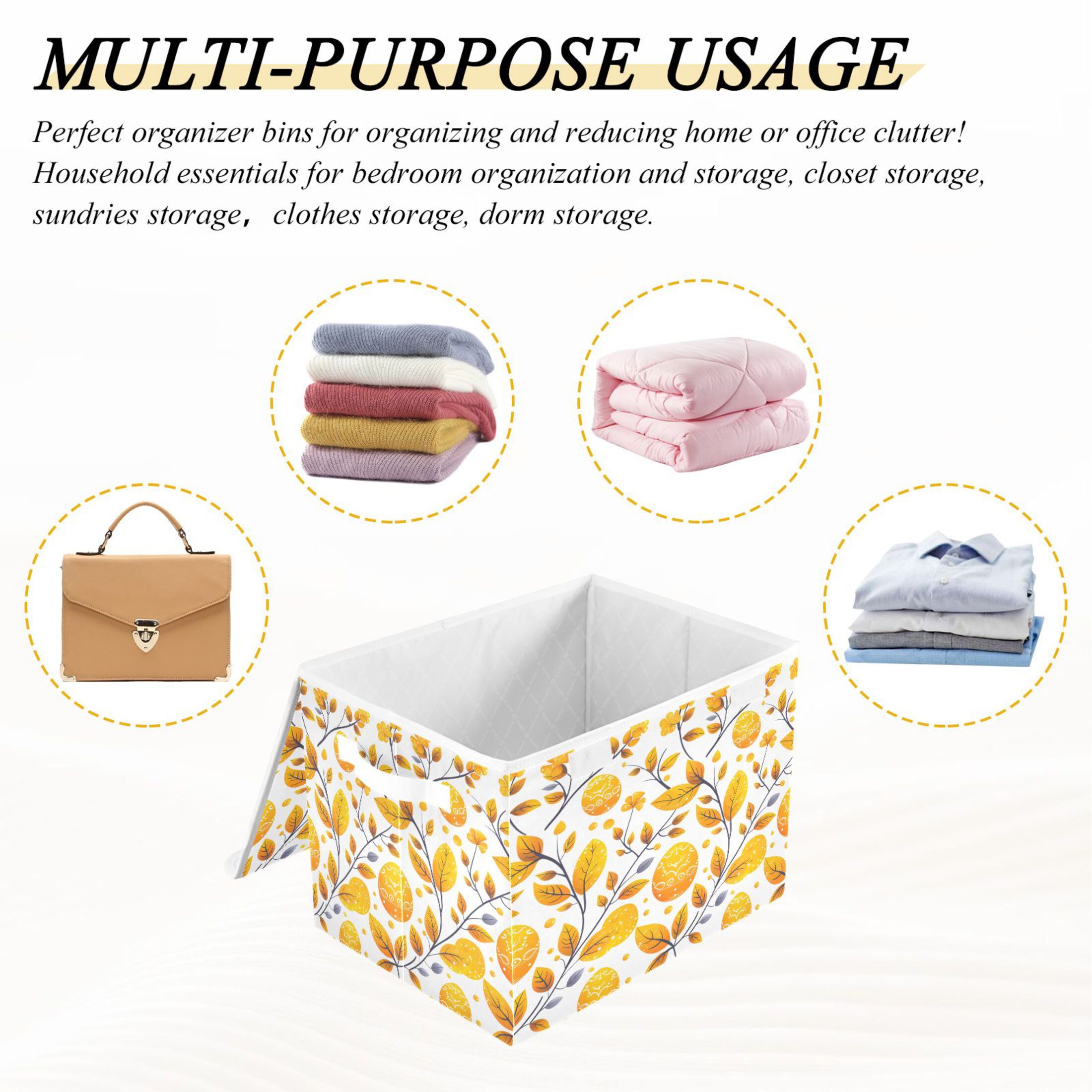 Ryvnso Easters Egg and Leaves Large Lidded Foldable Storage Baskets Cubes Boxes Lids Bin for Home
