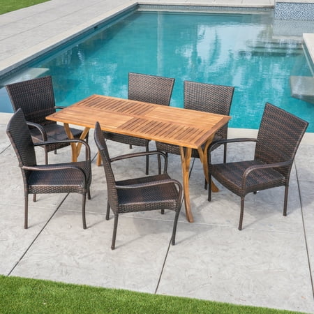 Sonoma Outdoor 7 Piece Acacia Wood and Wicker Dining Set Teak Multi-brown