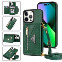 Feishell Fit for iPhone 14 Pro (6.1 inch) Case with Adjustable Shoulder Strap,Luxury Premium PU Leather Back Magnetic Buckle Flip Card Pocket Zipper Wallet Crossbody Phone Case,Green