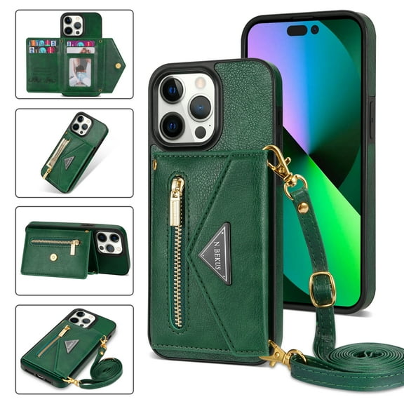 Feishell Fit for iPhone 14 Pro (6.1 inch) Case with Adjustable Shoulder Strap,Luxury Premium PU Leather Back Magnetic Buckle Flip Card Pocket Zipper Wallet Crossbody Phone Case,Green