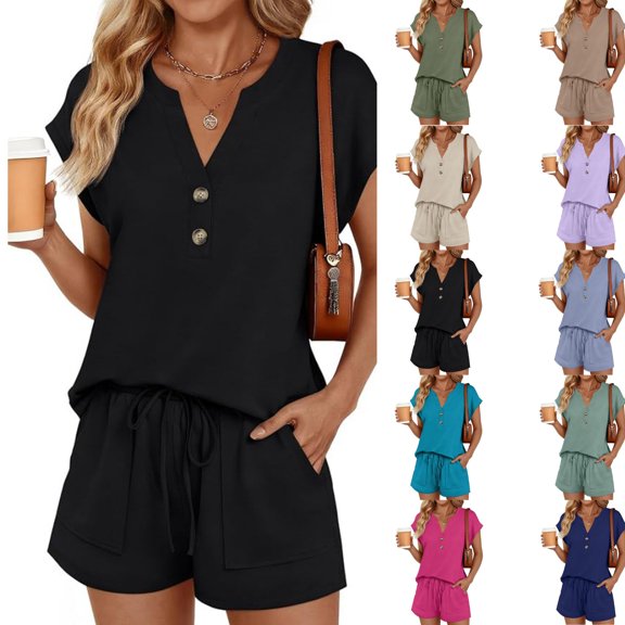 Women's 2 Piece Lounge Sets Oversized Henley Top & Shorts,Soft Rayon Wrinkle Resistant Travel Outfits with Pockets,Black M