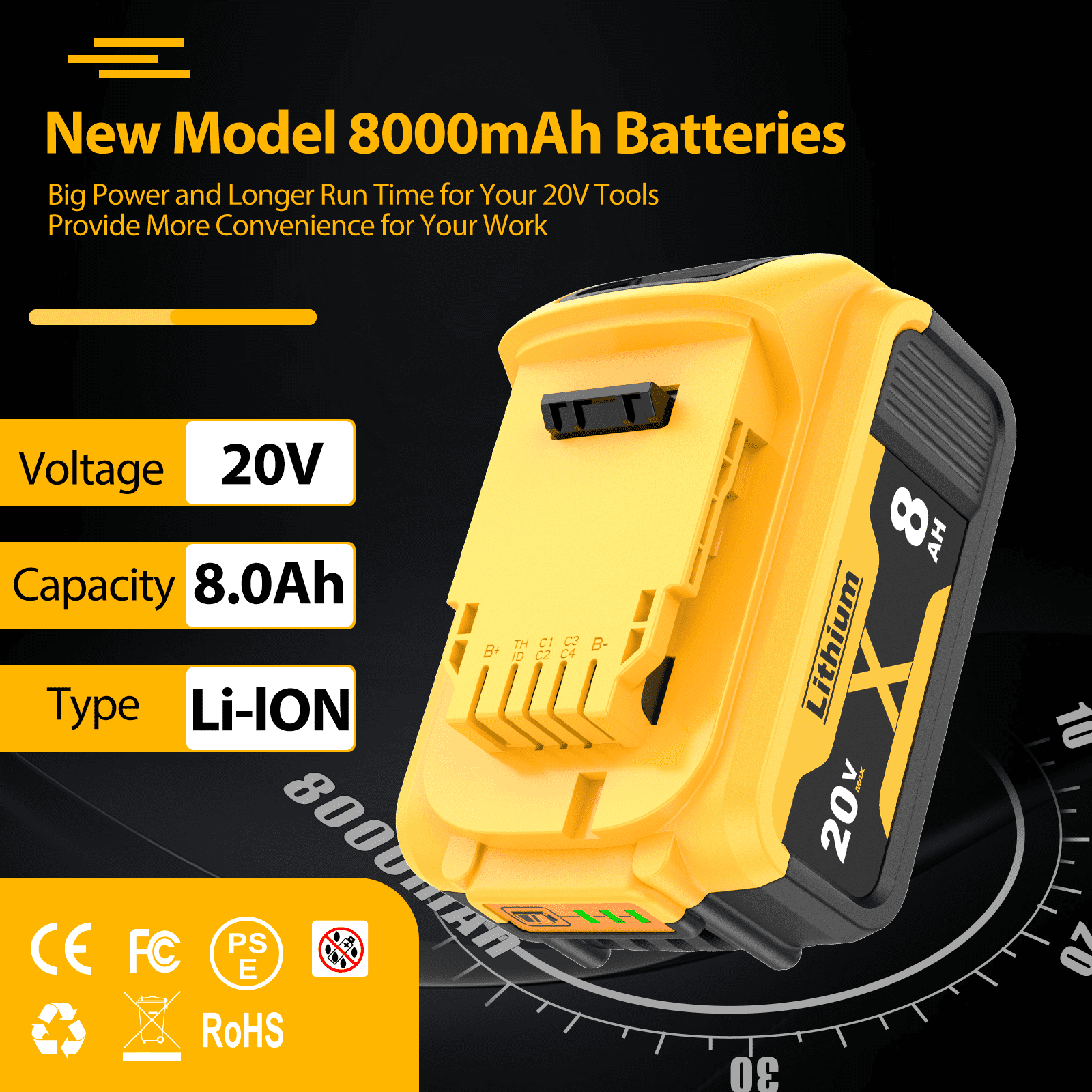 DINOSOO 2 Pack 8.0Ah Replacement Battery  for Dewei 20V Max Batteries DCB200 DCB205-2 DCB206 DCB204 DCB203 DCB208 Compatible with Dewei 20V Cordless Power Tools and Charger