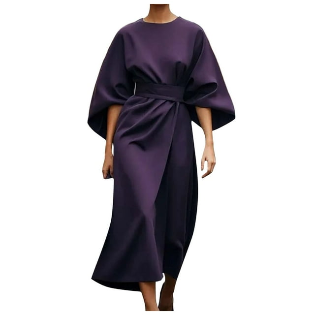 2025 Vestido elegante de color liso para mujer con cintura alta, mangas murciélago, estilo informal, mezcla de poliéster, vestido de fiesta para todas las estaciones