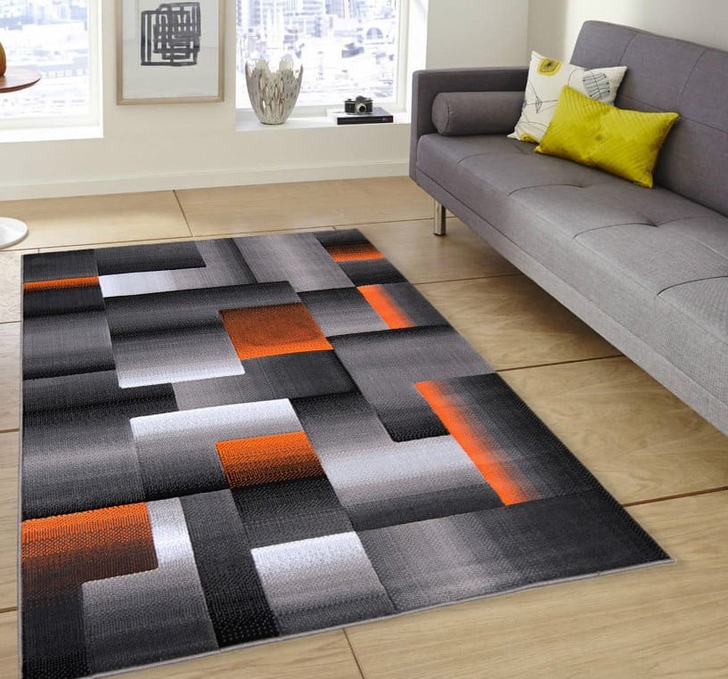 Geometric Modern Contemporary Livingroom Electric Orange Grey Silver Black... 