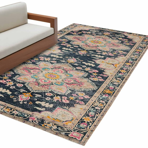 Vintage Boho Area Rug 3x5 FT, Non Slip Entryway Bedside Carpet, Middle Century Western Geometric Abstract Art Washable Soft Floor Carpet Indoor Mat Throw Rug for Dorm Kitchen Home Office
