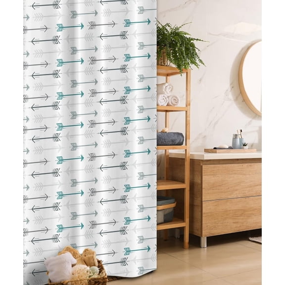 Small Arrow Shower Curtain, Teal & Grey Geometric Print, 36" x 72" Water Resistant Fabric Stall Curtain with Hooks, Bohemian Bathroom Decor