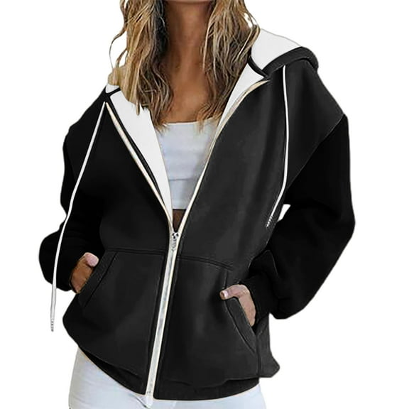 ManxiVoo Oversized Track Jacket with Zipper for Women Casual Long Sleeve Pocket Sweatshirt Fall Fashion Hooded Top L Size Black
