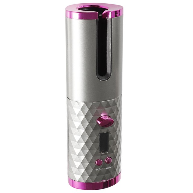 Doolland Rotating Curling Curly Machine Curler with LCD display in grey and pink. This USB rechargeable ceramic hair styling tool features six adjustable temperature settings, a double-layer heat-insulating shell, and intelligent constant temperature technology. Compact and portable design suitable for various hair types.