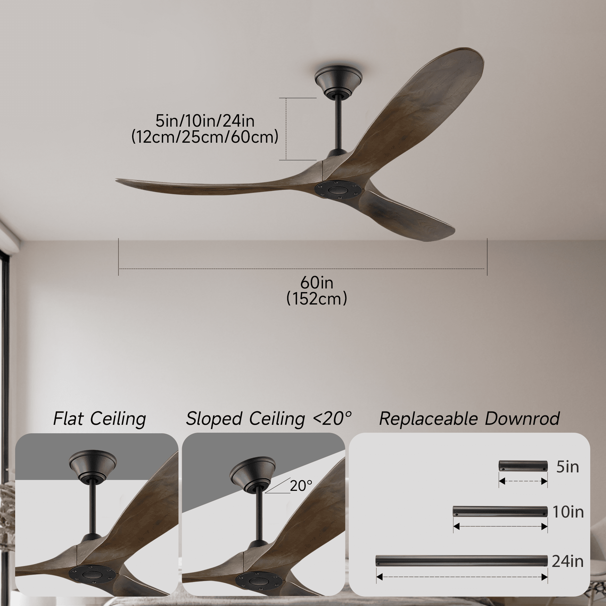 60 Inch Modern Ceiling Fan No Light - 3 Solid Wood Blades, Remote Control, For Indoor/Outdoor, Dark Walnut