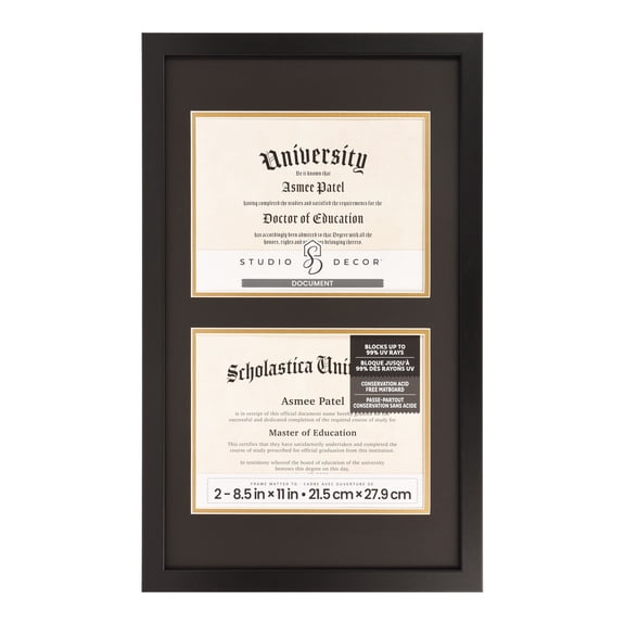 Studio Decor 2 Opening 8.5" x 11" Black Document Picture Frame with Double Mat - Blocks up to 99% UV Rays, Display Diplomas, Certificates, & Documents - 1 Pack
