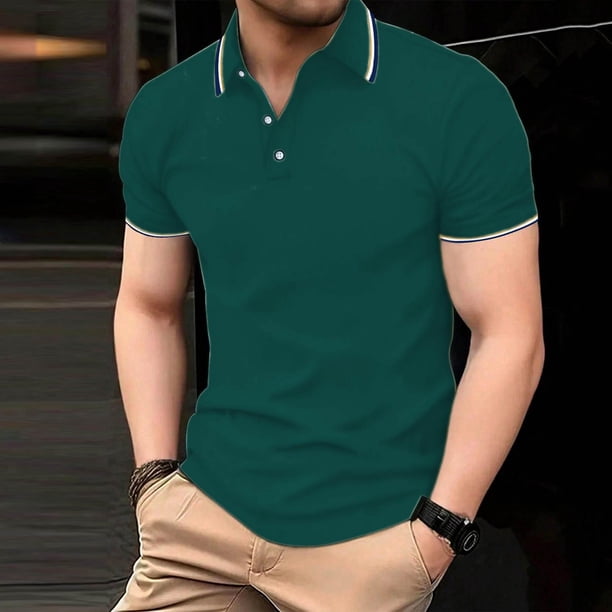 pstuiky camisetas para hombre, Camisa informal de manga corta con cuello vuelto y botones para hombre, color liso, con bolsillos camisas casuales para hombre xl
